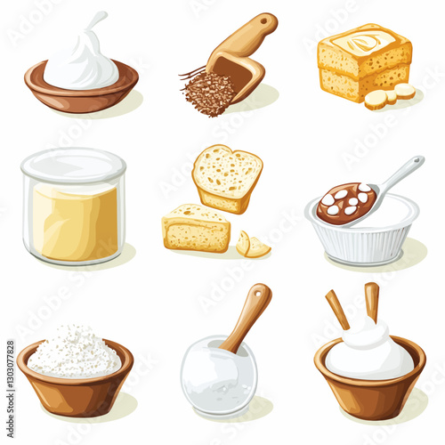 Assortment of baked goods, spreads, and ingredients on a white background