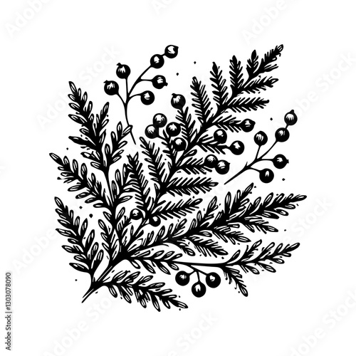 Juniper vector logo drawing illustration Isolated vintage illustration organic essential oil engraved style sketch