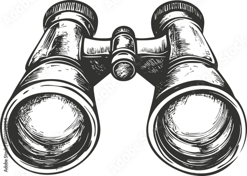 Hand-drawn vintage binoculars illustration in monochrome style.