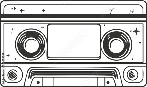 Black and white outline illustration of a vintage cassette tape.