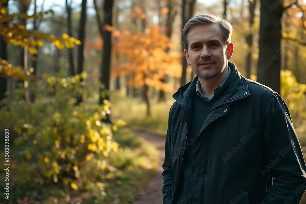 Obraz premium Man Walking Through a Serene English Forest Surrounded by Lush Greenery and Tall Trees