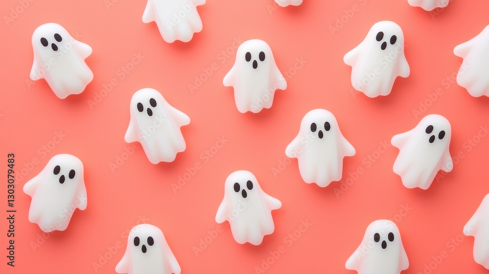 Cute ghost figurines on coral background for halloween design concepts Cute ghost figurines on coral background for halloween design concepts