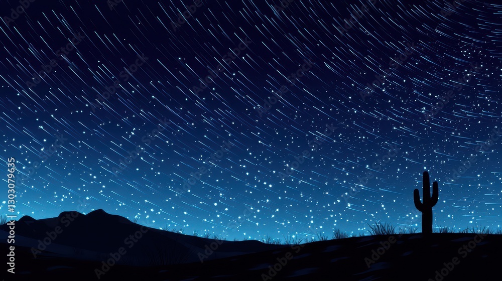 Mesmerizing Star Trails Over Desert: Time-lapse of Stars Moving in Night Sky with Silhouette of Cactus Mesmerizing Star Trails Over Desert: Time-lapse of Stars Moving in Night Sky with Silhouette of Cactus
