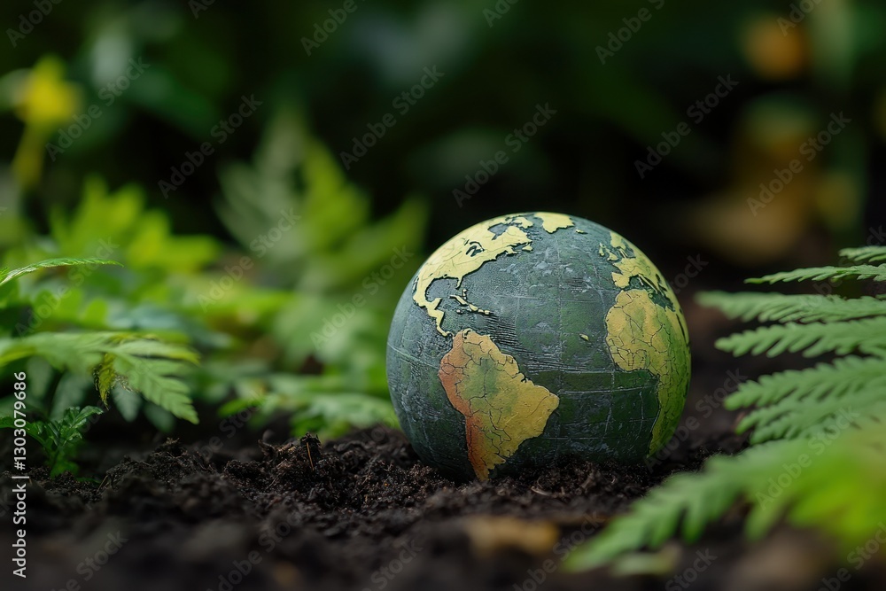 Small Earth Globe Surrounded by Green Leaves on Ground in Natural Setting Small Earth Globe Surrounded by Green Leaves on Ground in Natural Setting