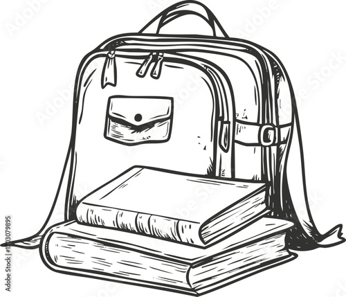 Illustration of a backpack and books in a vintage sketch style.