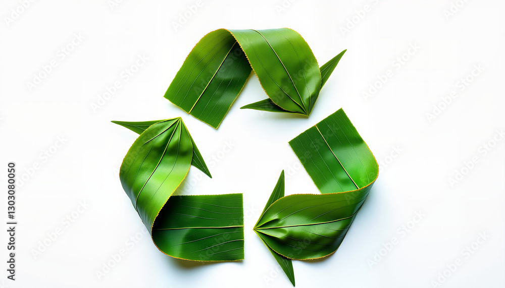 Recycling symbol made of green leaves on white background, concept of eco-friendliness