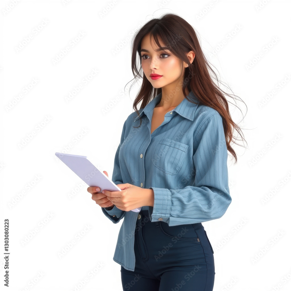 Woman in blue shirt holding paper looks thoughtful, exuding modern business casual style in professional setting Woman in blue shirt holding paper looks thoughtful, exuding modern business casual style in professional setting