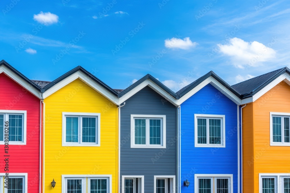 Charming Urban Community: Colorful Row of Townhouses on Cobblestone Street at Dusk Charming Urban Community: Colorful Row of Townhouses on Cobblestone Street at Dusk