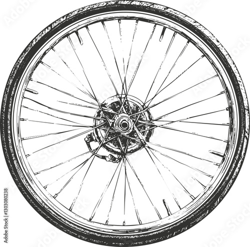 Detailed monochrome illustration of a bicycle wheel with spokes and rim.