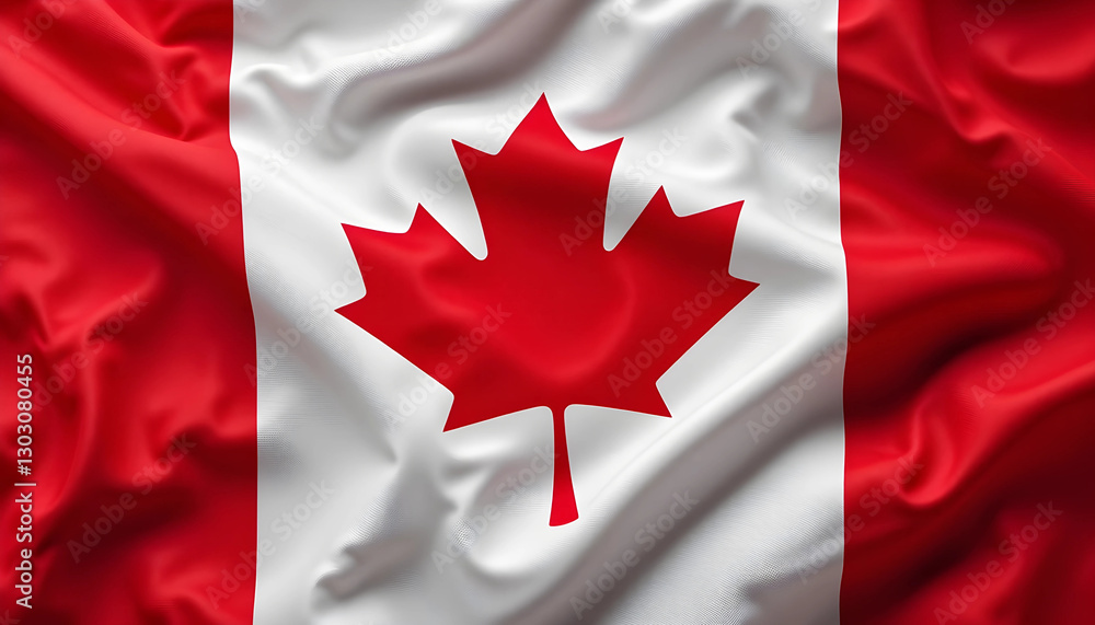 Waving Canadian Flag Red Maple Leaf on White and Red Fabric Texture Background Waving Canadian Flag Red Maple Leaf on White and Red Fabric Texture Background