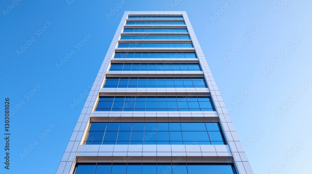 Modern high-rise building against clear blue sky: architecture and urban scene Modern high-rise building against clear blue sky: architecture and urban scene