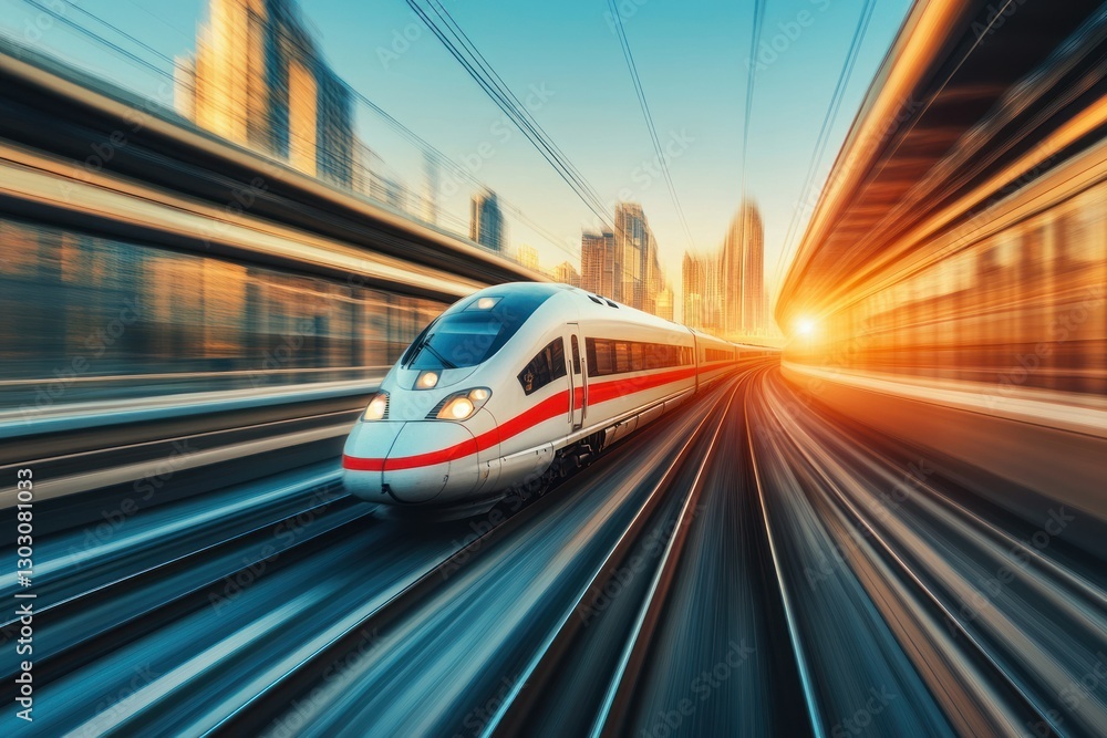 Dynamic High-Speed Train in Urban Landscape during Golden Hour with Motion Blur Effect Dynamic High-Speed Train in Urban Landscape during Golden Hour with Motion Blur Effect