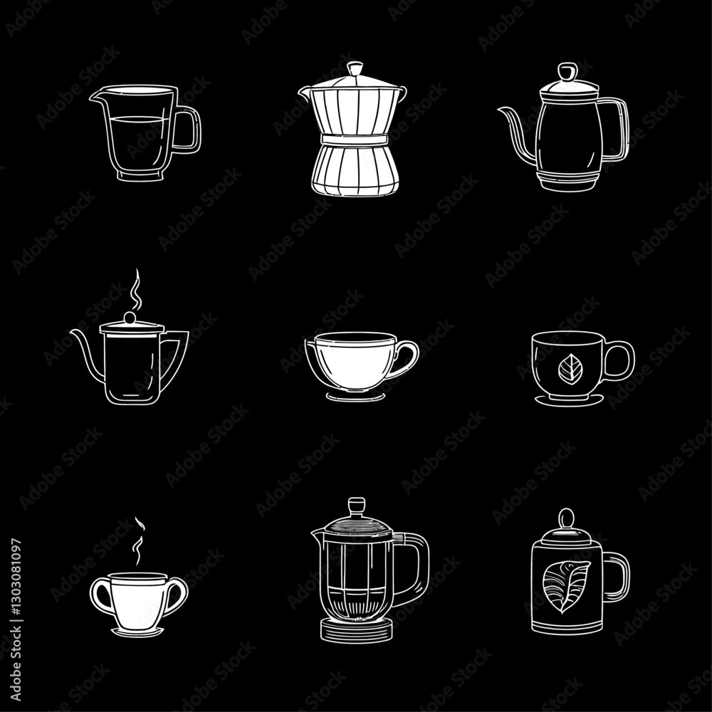 Coffee and Tea Pots Line Art Icons in White on Black Background Coffee and Tea Pots Line Art Icons in White on Black Background