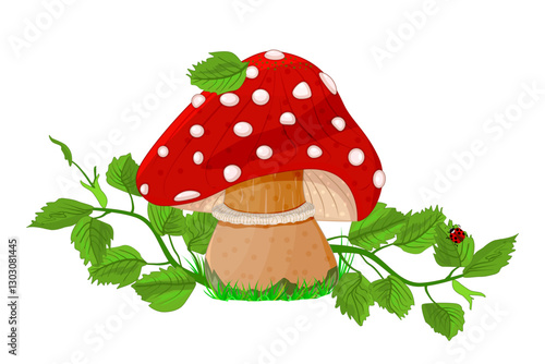 Mushroom. Fly agaric in grass on white background. Toadstool in forest. Cartoon amanita mushroom in forest. White spotted toxic mushroom.Fly agaric mushroom red cap with white dots.Vector illustration