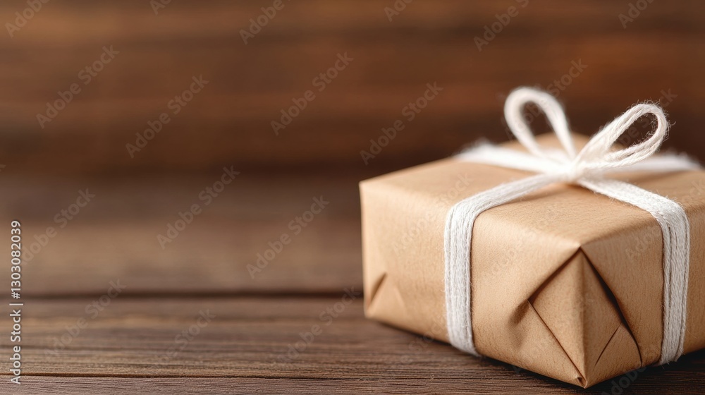 Minimalist brown paper gift box with white string on rustic wood background Minimalist brown paper gift box with white string on rustic wood background