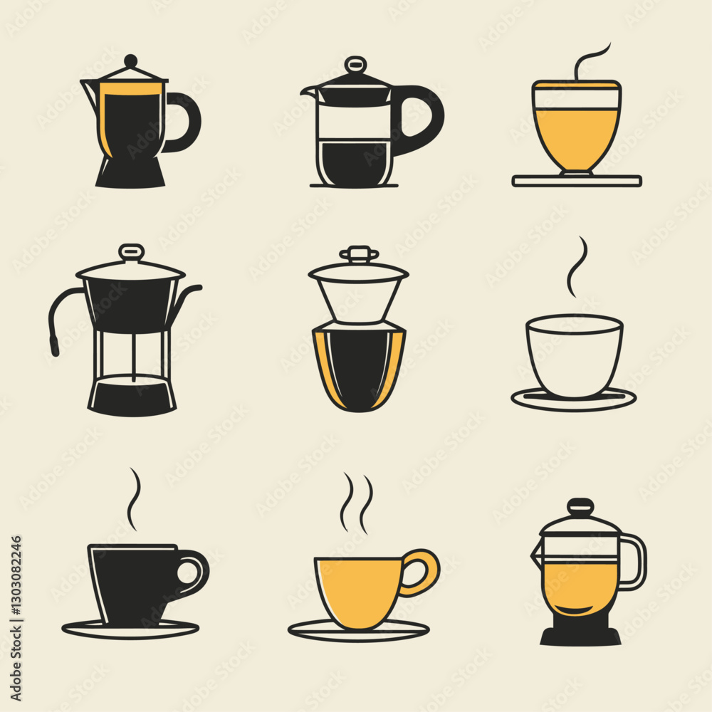 Coffee Brewing Methods: Moka Pot, French Press, Pour Over, Mug, Icon Set Coffee Brewing Methods: Moka Pot, French Press, Pour Over, Mug, Icon Set