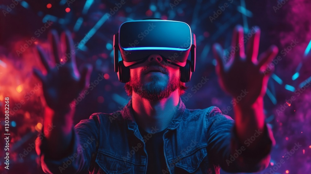 man playing video game with virtual reality headset, trying to touch something with hands in metaverse
