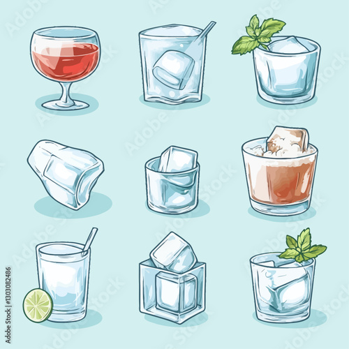 Variety of cocktail glasses with ice cubes, lime and mint garnish
