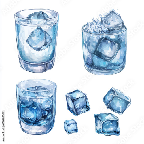 Watercolor illustration of glasses with ice cubes on a white background