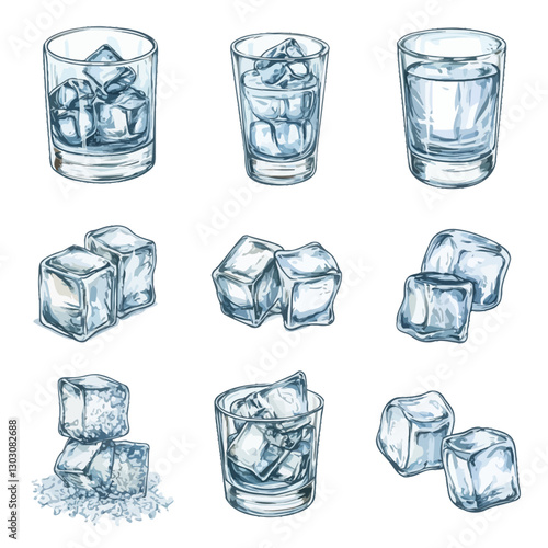 Ice Cubes in Various Glassware and Arrangements on a White Background