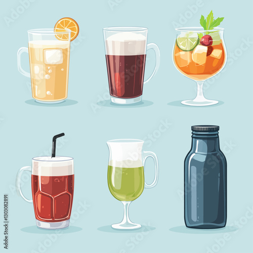 Cartoon illustration of assorted cocktail and beverage glasses on blue