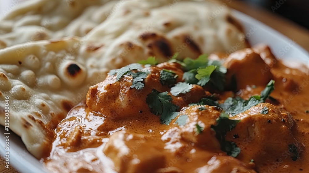 Fototapeta premium Creamy Chicken Curry with Fresh Naan Bread Served on a Plate