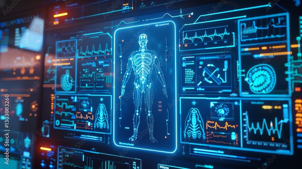 Futuristic digital medical dashboard display. Futuristic digital medical dashboard display.