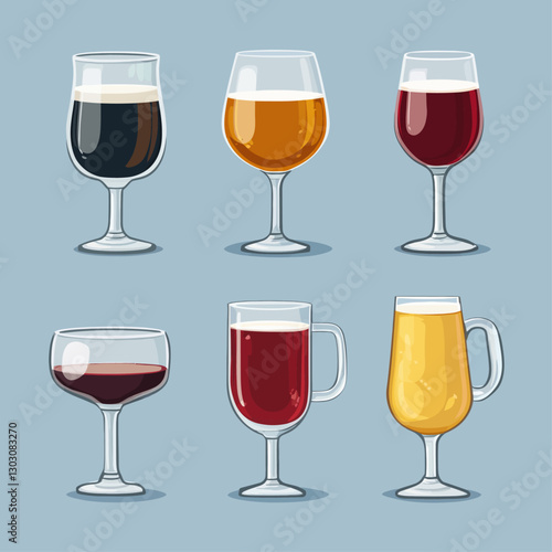 Assorted Beers and Wines in Clear Glasses, Various Colors and Types