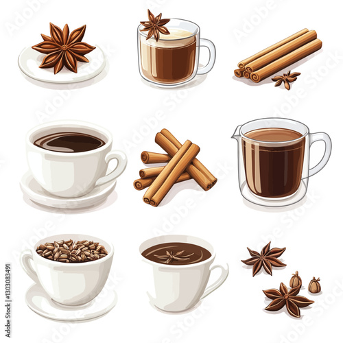 Spiced Coffee Vector Illustration with Cinnamon and Anise on White