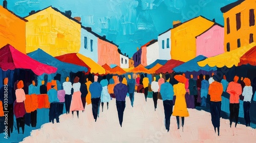 Vibrant acrylic painting of a bustling Paris flea market, colorful stalls filled with antiques and treasures