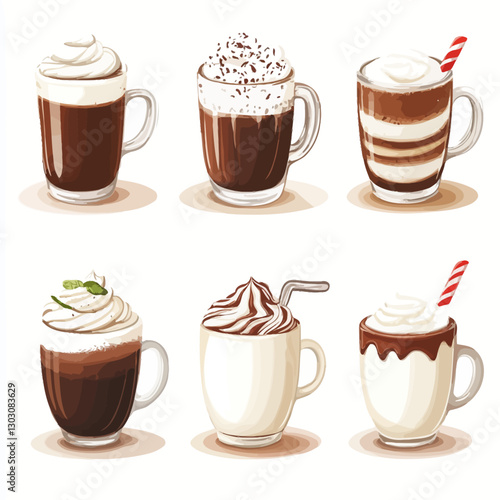 Assorted hot chocolate mugs with whipped cream topping, vector illustration