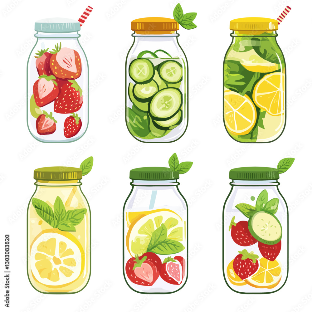 Six glass mason jars with fruit and vegetable infused water flavors