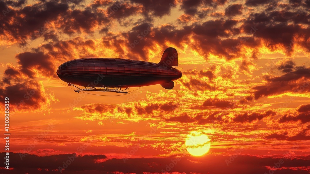 Fototapeta premium Airship Floating in Fiery Sunset Sky