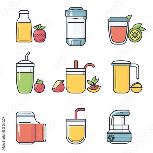 Colorful smoothie and juice icon set for health and wellness concept.