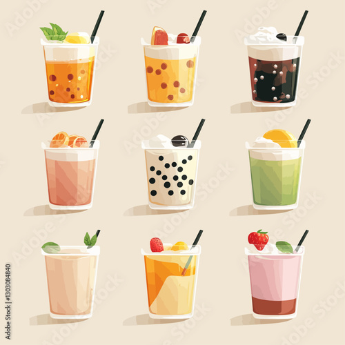 Variety of Refreshing Fruit Bubble Teas in Plastic Cups with Straws