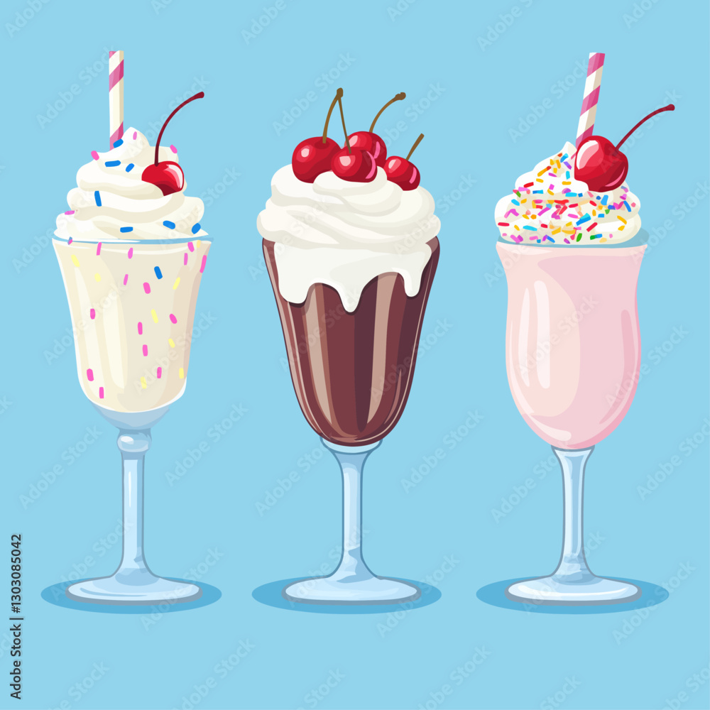 Three cartoon milkshakes with cherries, sprinkles, and whipped cream