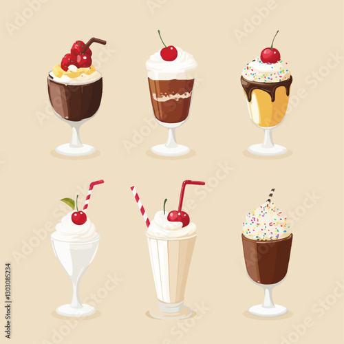 Assorted Milkshakes and Dessert Drinks with Cherries and Sprinkles