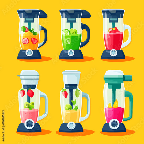 Colorful Blenders with Fresh Fruit Smoothies on Bright Yellow Background