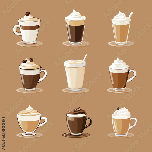 Assorted Coffee Drinks with Whipped Cream Toppings in Mugs and Glasses