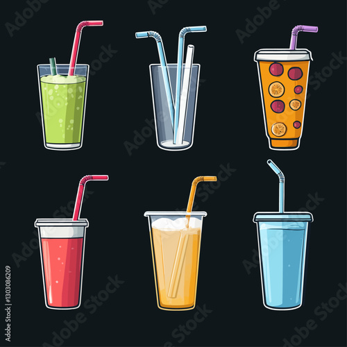 Cartoon assortment of colorful drinks with straws isolated on dark background