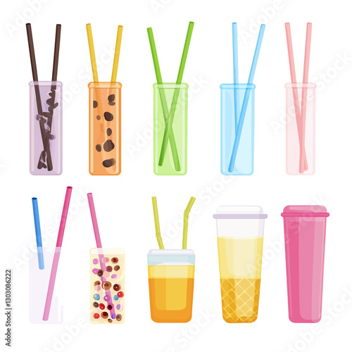 Colorful cartoon bubble tea drinks with straws on a white background