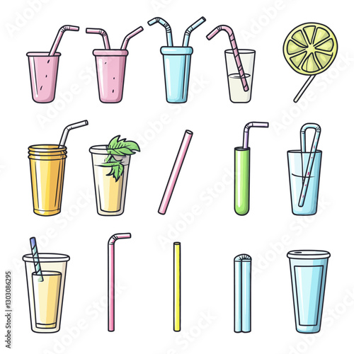 Colorful Drink Illustration with Straws and Lemon Candy, Refreshing Summer