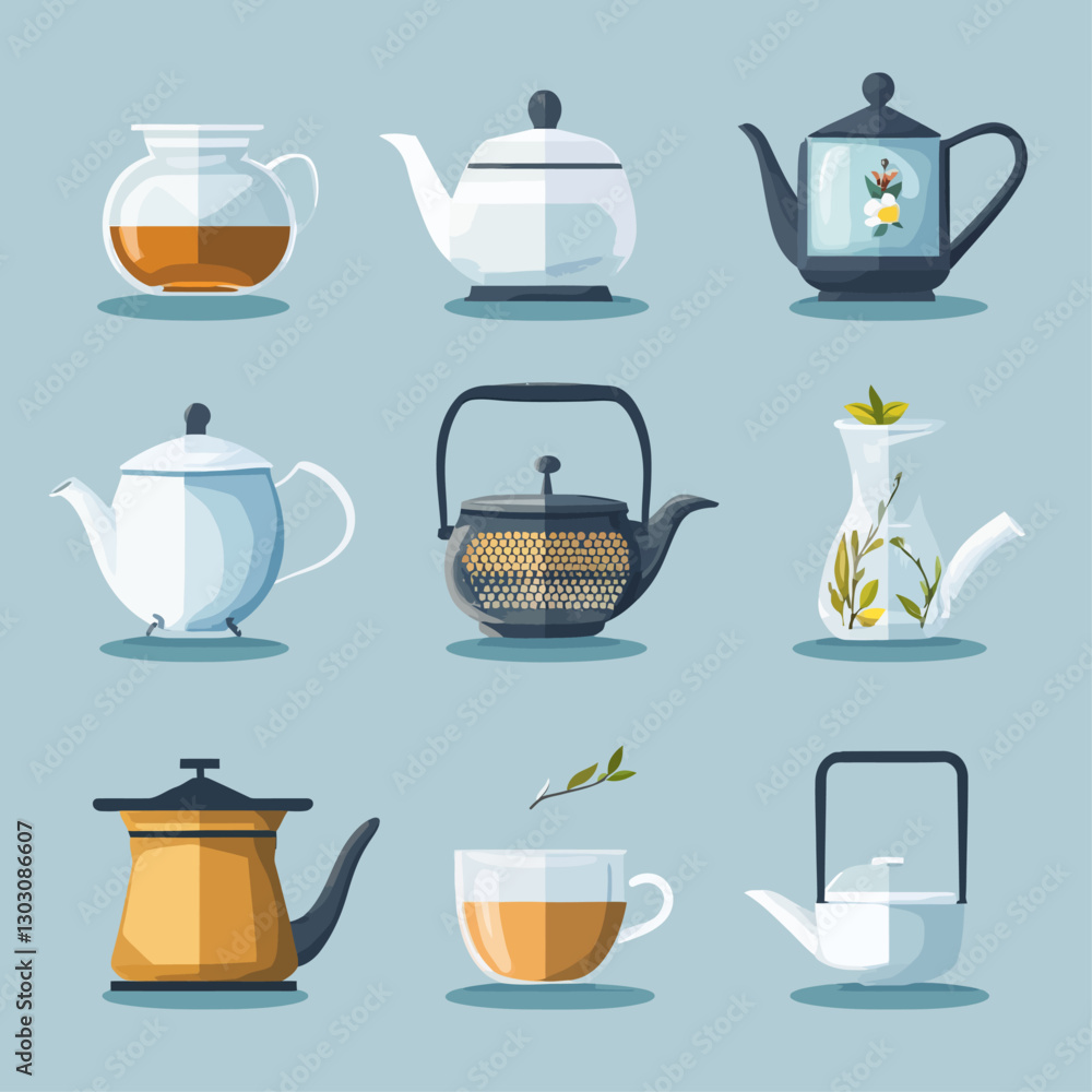 Assortment of Teapots and Teacup with Tea on Light Blue Background Assortment of Teapots and Teacup with Tea on Light Blue Background