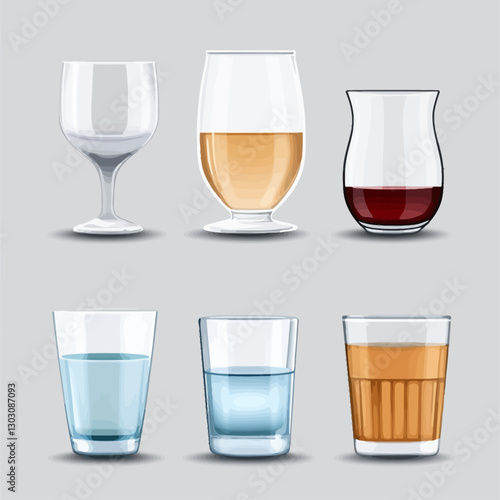Assorted glass types with water, wine, and other liquids on gray background