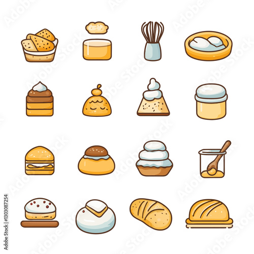 Cartoon Baking Dessert Icons Featuring Breads, Cakes, and Whipped Cream Toppings