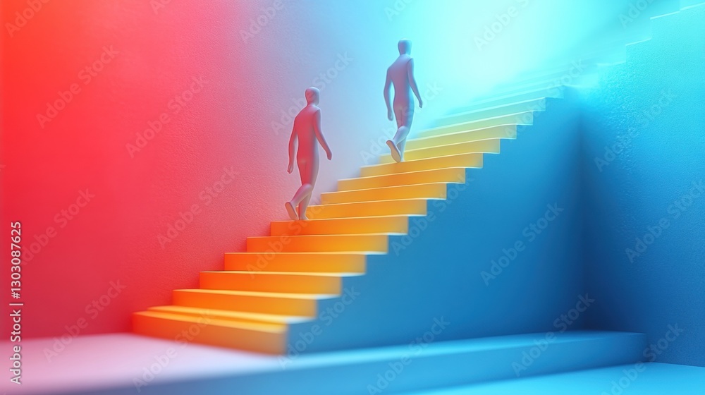 Surreal concept of people on dual-tone staircase in abstract pastel environment Surreal concept of people on dual-tone staircase in abstract pastel environment