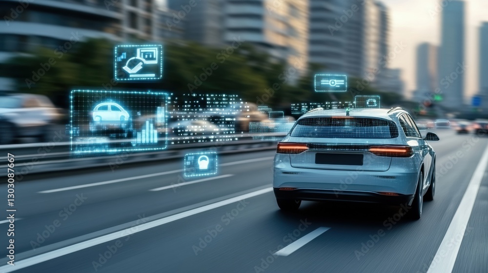 Futuristic smart car on highway with digital interface displayed in urban environment Futuristic smart car on highway with digital interface displayed in urban environment