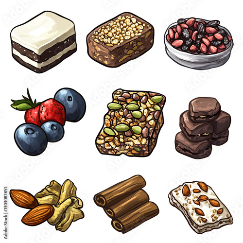 Assorted healthy snack bars with nuts, seeds, and berries illustration