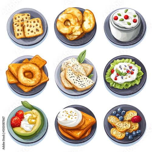 Cartoon assortment of gourmet appetizers and snacks on elegant plates