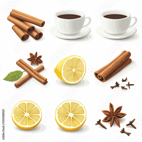 Aromatic Spices with Cinnamon, Anise, Cloves, Lemon and Coffee in White
